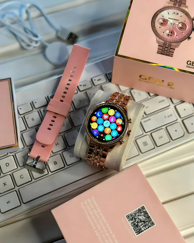 Gen9 Ladies Smartwatch with Diamond Strap HD Display 1.3 inch Screen, Bluetooth Calling, Dual Straps (Rose Gold)